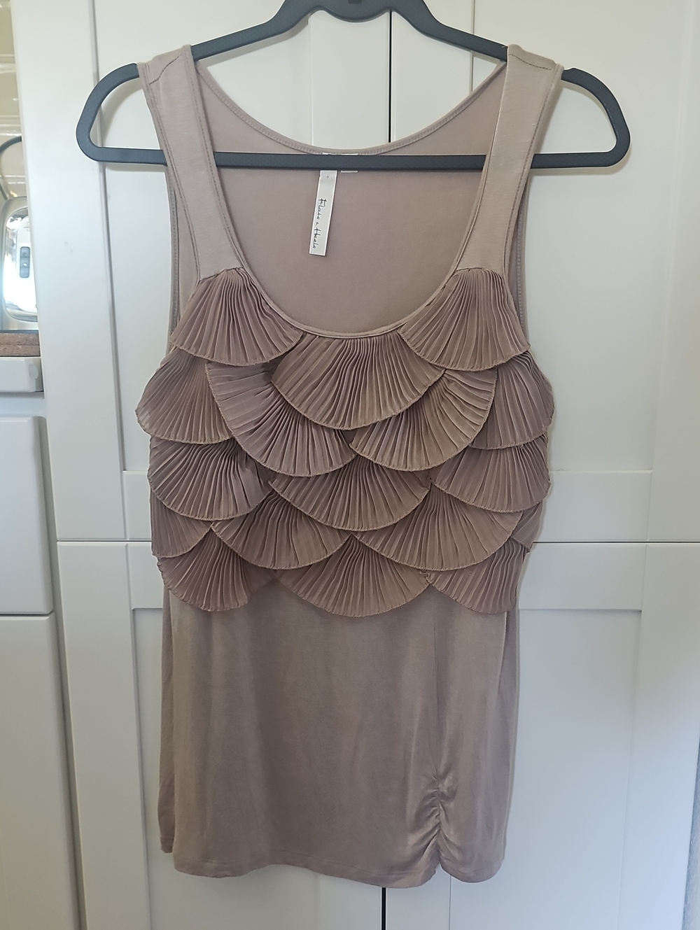 Pleated Tiered Tank Top in Taupe size L